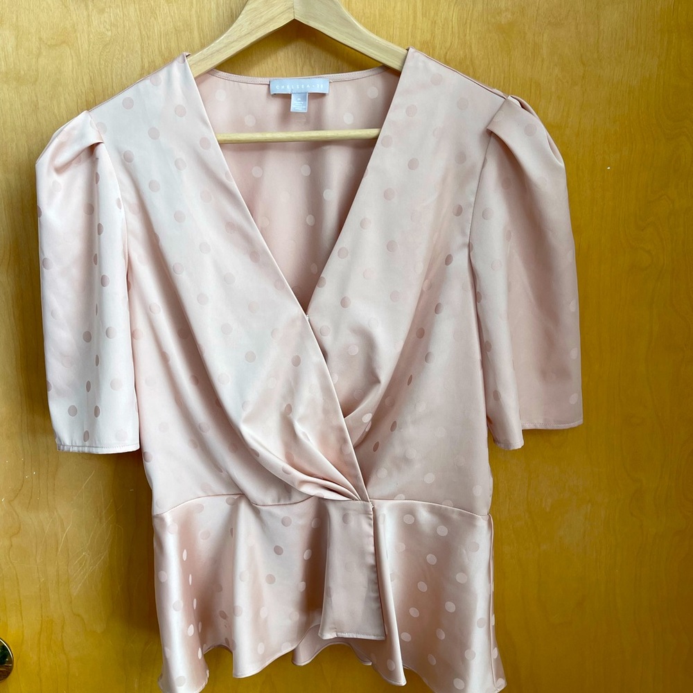 Peachy Polka Dot Blouse With Puff Sleeve & Peplum Waist